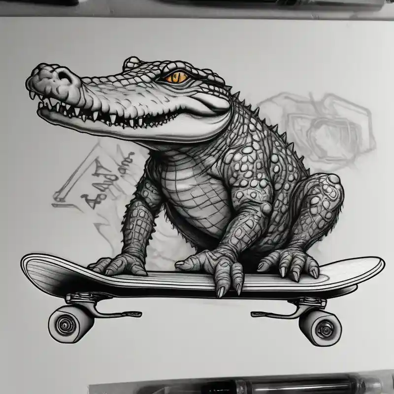 crocodile riding a skateboard with piercings and tattoos glitter tattoo – Realistic, Black and white